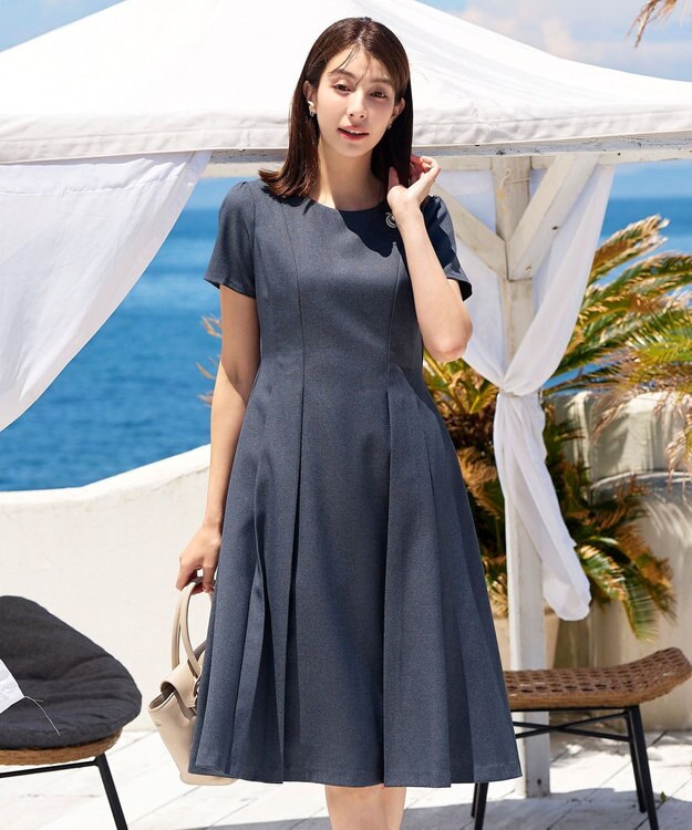 Tiaclasse L 【洗える】ダブルラインフレアワンピース チャコールグレー