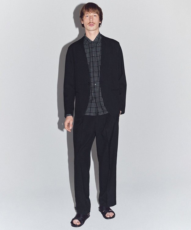 UNFILO MENS ウーリーノ ノーカラージャケット ブラックピンストライプ