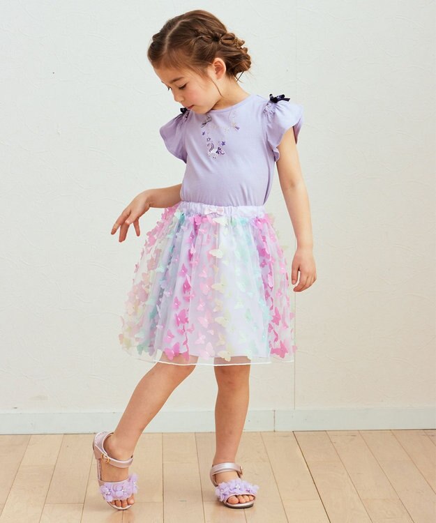 ANY KIDS 刺繍 オン・オフショルダー Tシャツ ラベンダー