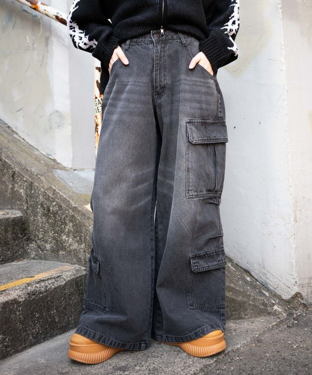 WEGO ヴィンテージウォッシュバギーカーゴパンツ ブラック