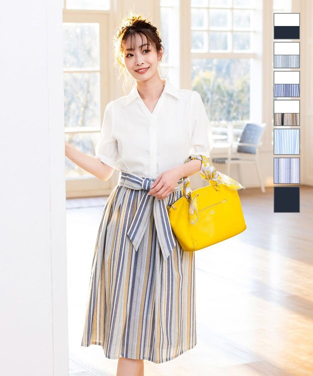 Tiaclasse 【洗える】小顔効果も叶えるスキッパーシャツワンピース イエローストライプ