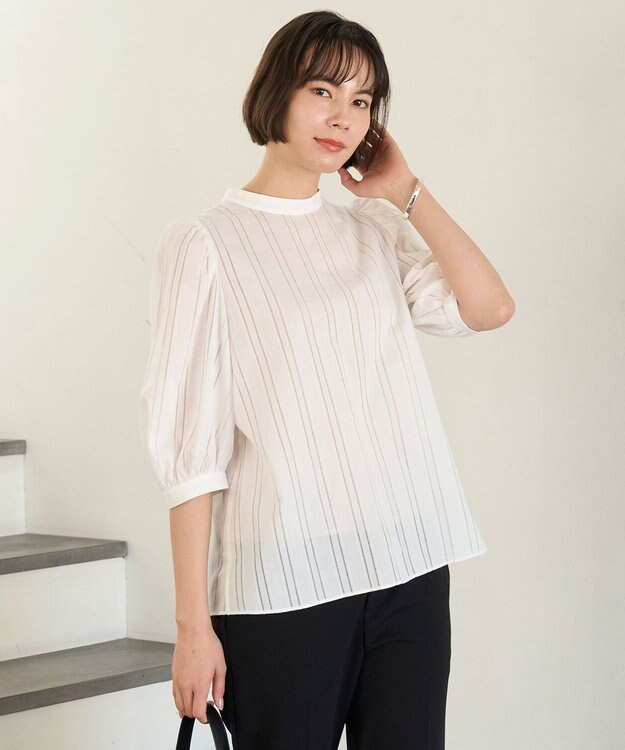UNFILO ストライプレース 2WAY パフスリーブブラウス オフ