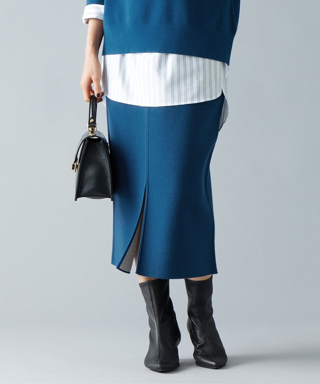 自由区 S 【リバーシブル・セットアップ対応・洗える】レーヨンストレッチリバーシブルニット スカート リッツブルー×シャンパン