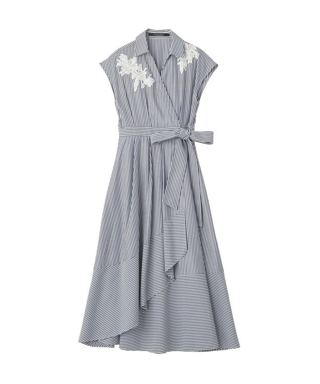 YECCA VECCA フラワーレースカシュクールワンピース Stripe