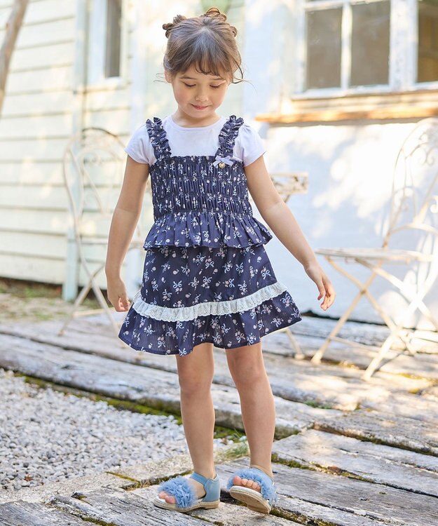 ANY KIDS フラワー×リボン ビスチェ付きTシャツ ネイビー