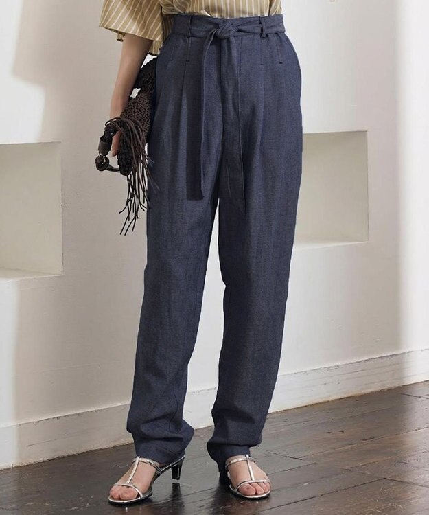 自由区 コットンリネンシャンブレーテーパード パンツ インディゴ系
