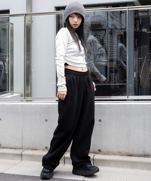 WEGO 【ウエストゴム/XSSMサイズ展開】スウェットワイドパンツ ブラック