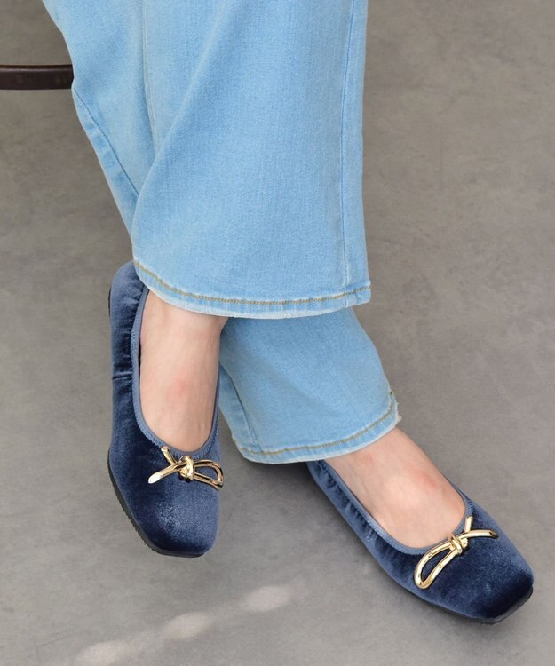 Bridget Birkin 【PARADIS COULEUR】スクエアトウメタルリボンバレエシューズ ネイビー雑材