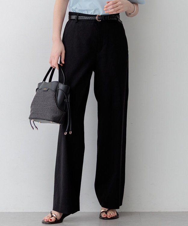 23区 リネンレーヨンストレッチ ワイドパンツ ブラック系