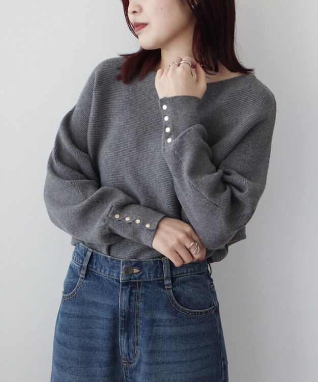 Green Parks もちやわ袖釦ドルマンニットプルオーバー Gray Mixture