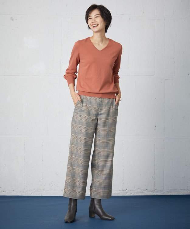 J.PRESS LADIES 【洗える】PL/Visストレッチチェック セミワイド パンツ グレー系3