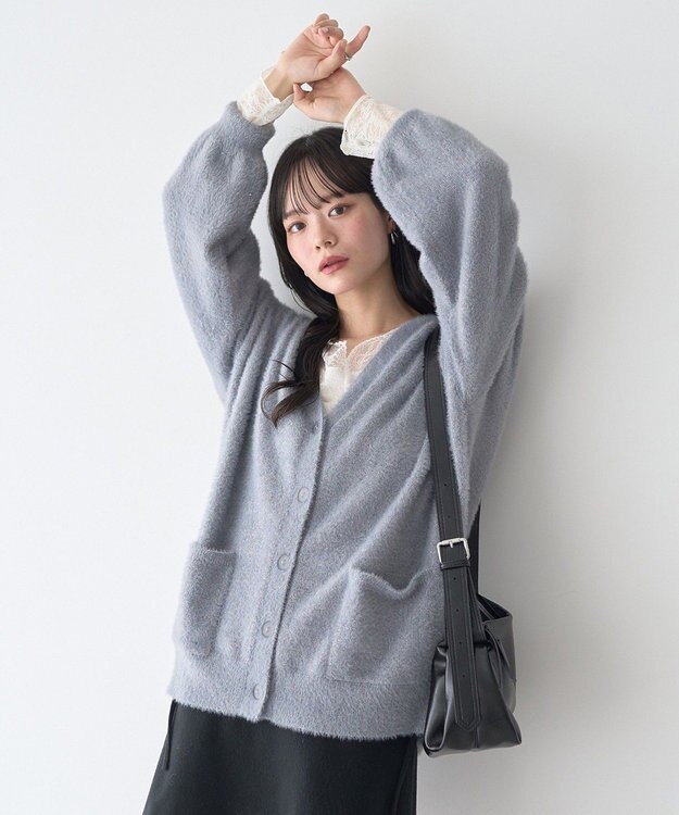 earth music&ecology ラメミニシャギーＶネックカーディガン Charcoal Gray