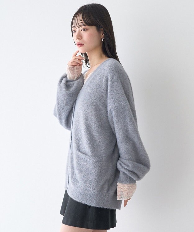 earth music&ecology ラメミニシャギーＶネックカーディガン Charcoal Gray