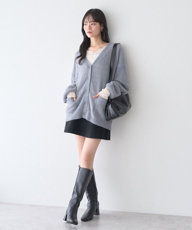 earth music&ecology ラメミニシャギーＶネックカーディガン Charcoal Gray