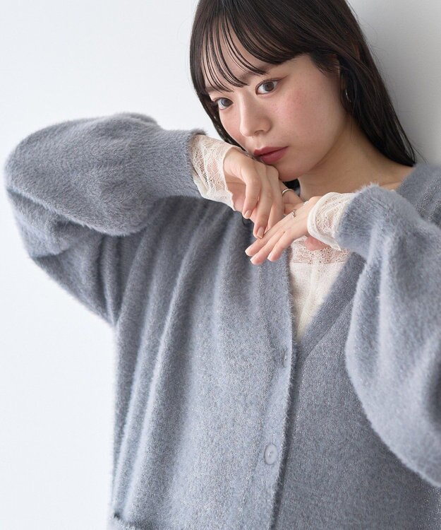 earth music&ecology ラメミニシャギーＶネックカーディガン Charcoal Gray