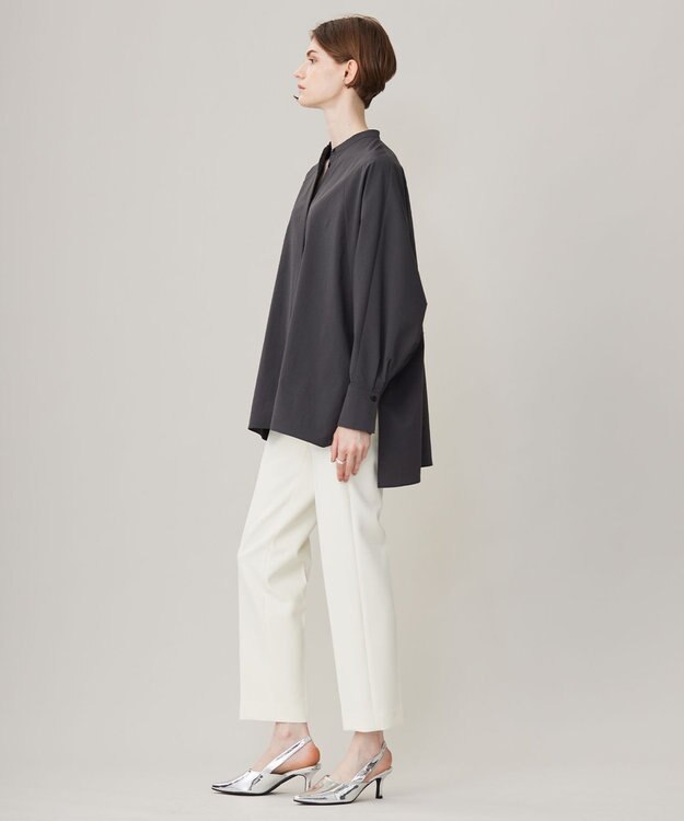 ICB 【洗える】ヴィンテージスパンブロード  バンドカラー長袖ブラウス チャコール系