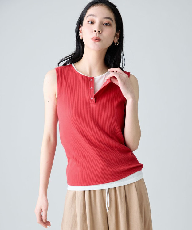 ANY 【2SET】ツインセットヘンリーネックタンクトップ レッド×オフ