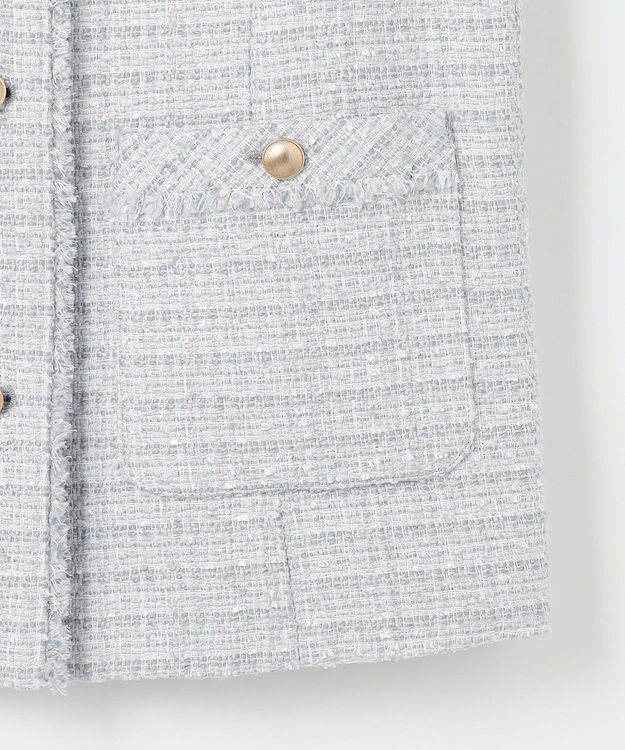 ANY SIS L ノーカラーフリンジツイード ジャケット ブルーグレーミックス