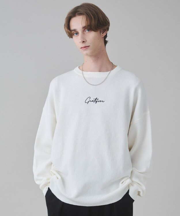 WEGO 【ユニセックス着用ITEM/SMLサイズ展開】アクセ付きワンポイントニットプルオーバー オフホワイト