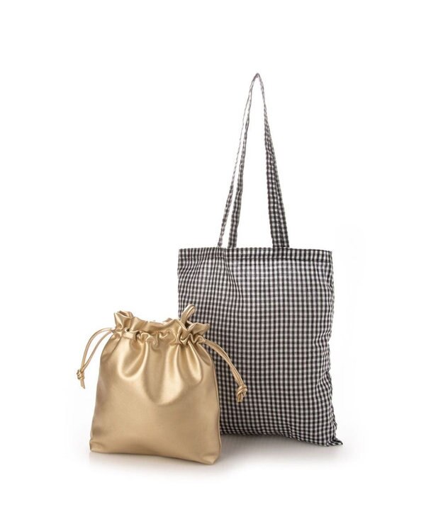 UNBILLION cachecache ギンガムチェックトート付き巾着ショルダー ゴールド