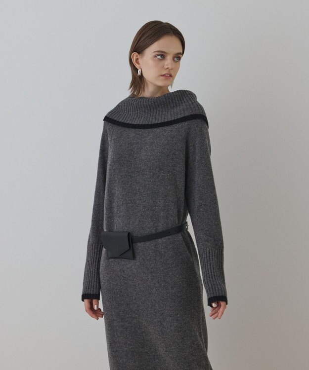 GRACE CONTINENTAL バイカラーオフショルニットワンピース グレー