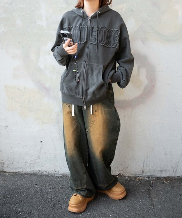 WEGO ヴィンテージウォッシュパッチワークBIGZIPパーカー スミクロ