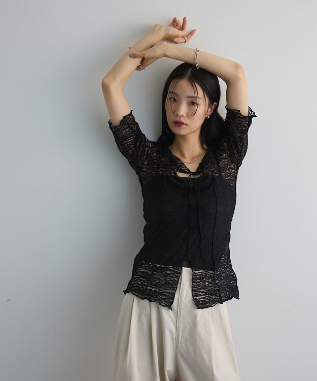 Green Parks カットワークデザインレース半袖トップス Black