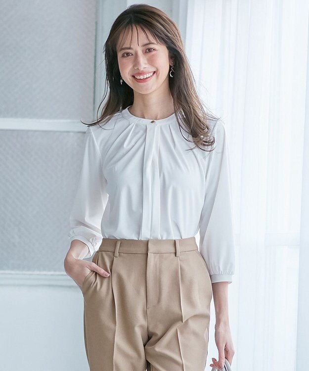 ANY SIS 【接触冷感・吸水速乾・UVケア】エアリードレープスムース 七分袖ブラウス オフホワイト