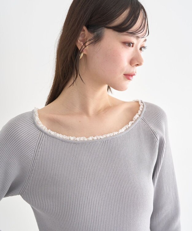 earth music&ecology 【予約】レーストリムリブニットプルオーバー グレー