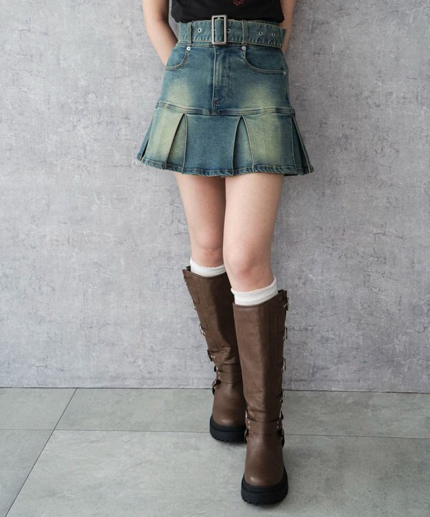 WEGO ベルト付デニムプリーツスカパン デニム中濃加工色