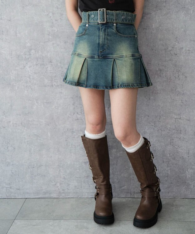 WEGO ベルト付デニムプリーツスカパン デニム中濃加工色