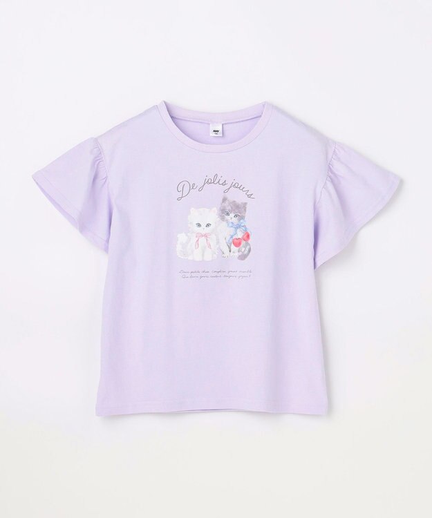 ANY KIDS 【綿100%】ドロップショルダー アニマルプリントTシャツ ラベンダー×ネコ