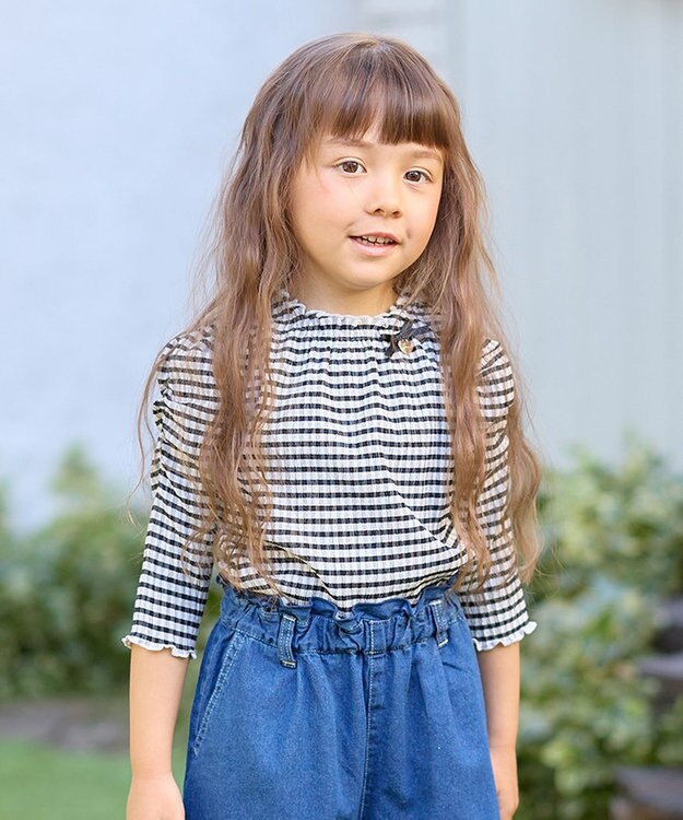 ANY KIDS シアー ギンガム 七分袖 Tシャツ ブラック