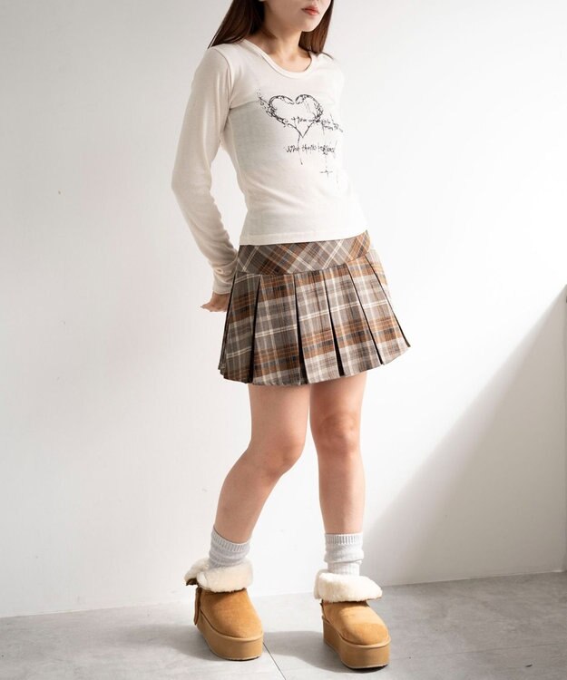 WEGO 【SCHOOL ITEM】チェック切替プリーツミニスカパン ブラウン