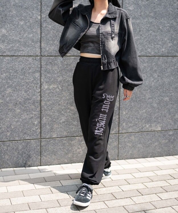 WEGO 【ウエストゴム】ラインストーンロゴスウェットパンツ ブラック