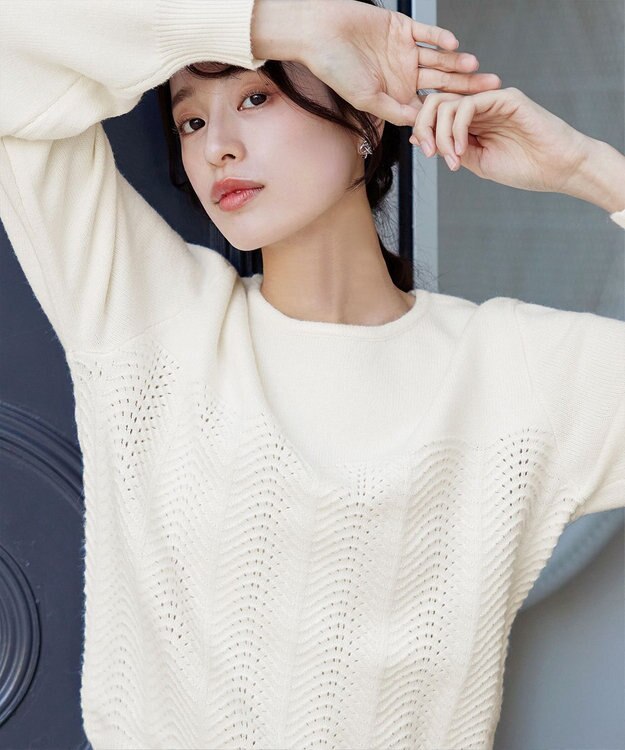 Tiaclasse 【洗える】ウェーブ編みニットプルオーバー オフホワイト