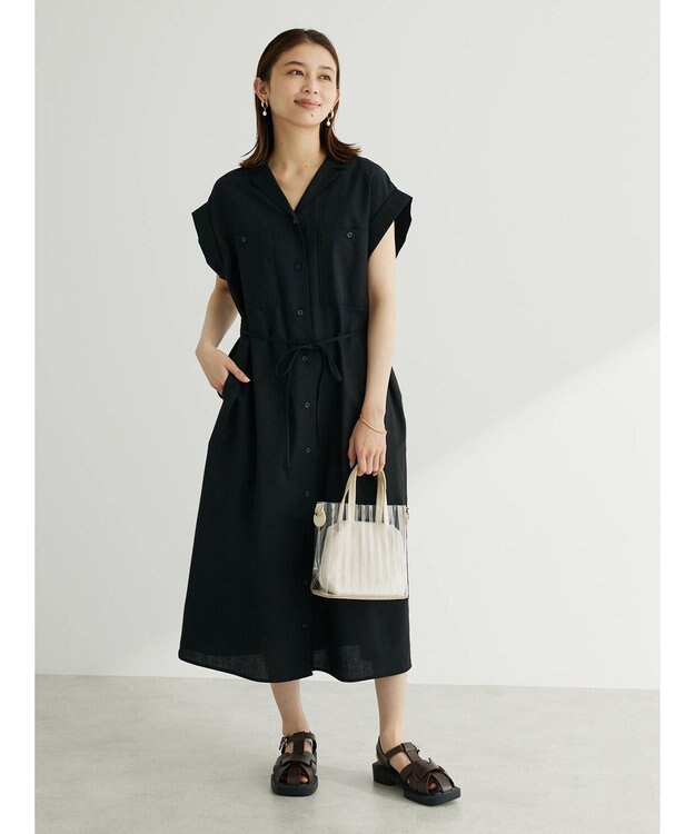 Green Parks 綿麻混開襟ワンピース Black