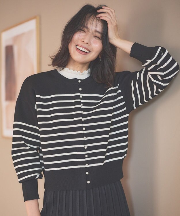 ANY L 【前後着用可能/洗濯機可】２WAYパールニットカーディガン クロベース×オフライン