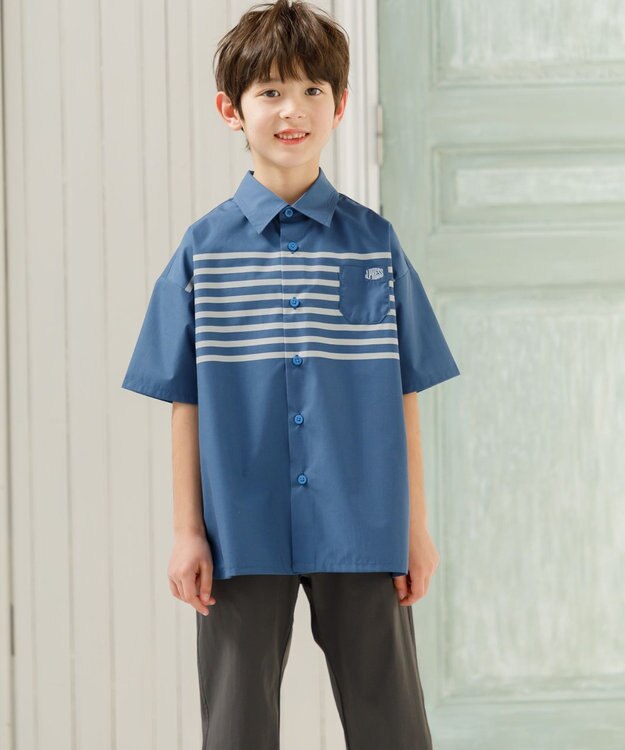 J.PRESS KIDS 【110-130cm】TCブロード パネルボーダープリント シャツ ダルブルー系