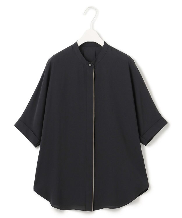 ICB 【新色追加・接触冷感・UVケア・速乾・洗える】BackSatinAmunzen 5分袖バンドカラーブラウス ブラック×フォーン配色系