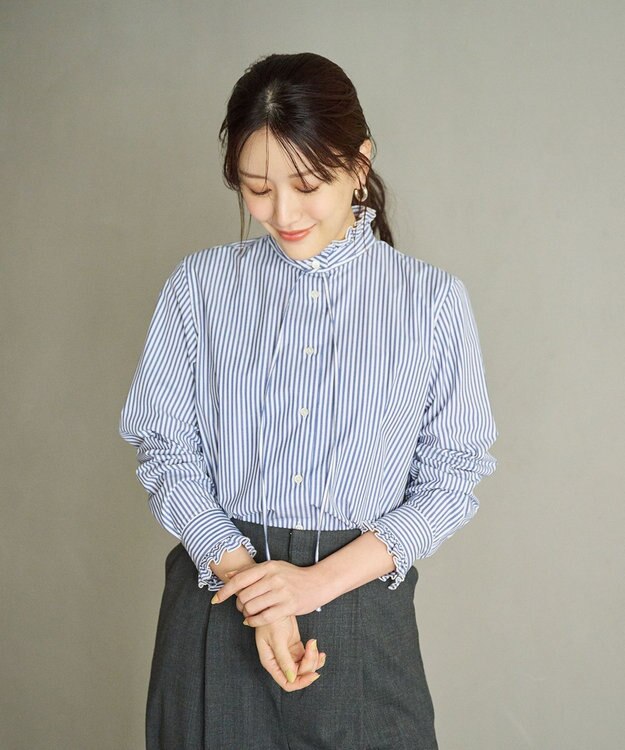 #Newans フリルカラーノーブルブラウス ネイビーストライプ