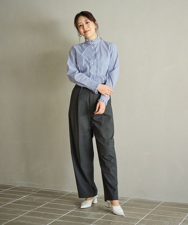 #Newans フリルカラーノーブルブラウス ネイビーストライプ