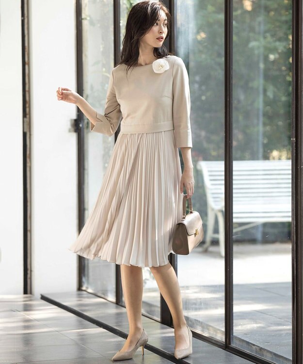 組曲 L 【KUMIKYOKU NAVY】ジャージーコンビプリーツ ワンピース ベージュ系