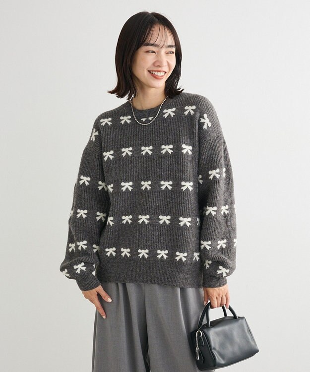 Green Parks ・ｓｗｉｎｇ　ｂｙ　リボンジャカードクルーニット Charcoal Gray