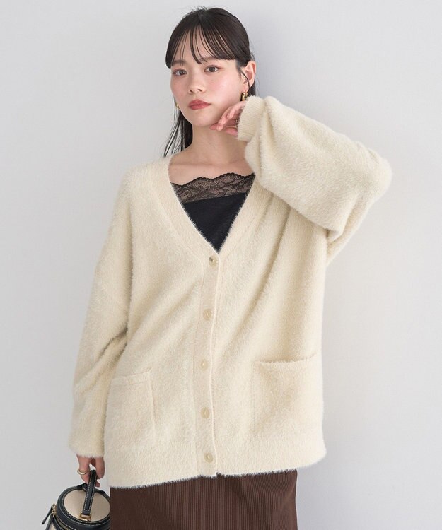 earth music&ecology ラメミニシャギーＶネックカーディガン Ivory
