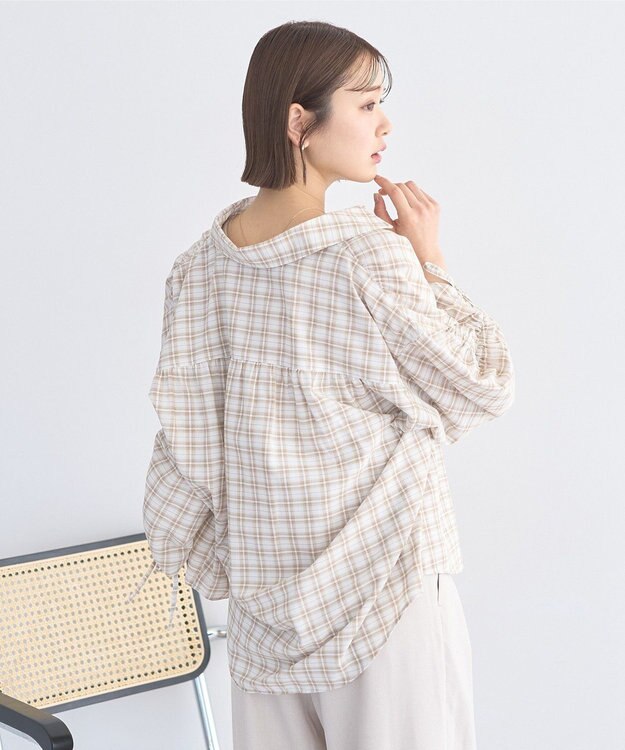 earth music&ecology シャーリングスリーブチェックシャツ Light Beige