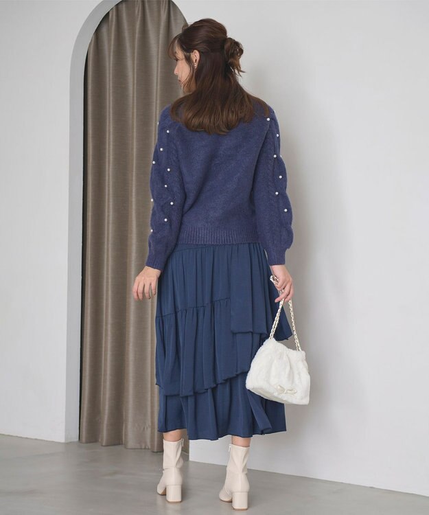 Feroux 【洗える】パールスリーブ ケーブルニット ネイビー系