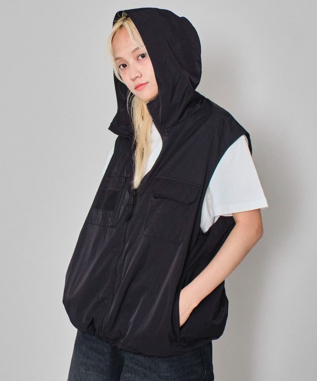 WEGO 【ユニセックス着用ITEM】フードナイロンベスト ブラック