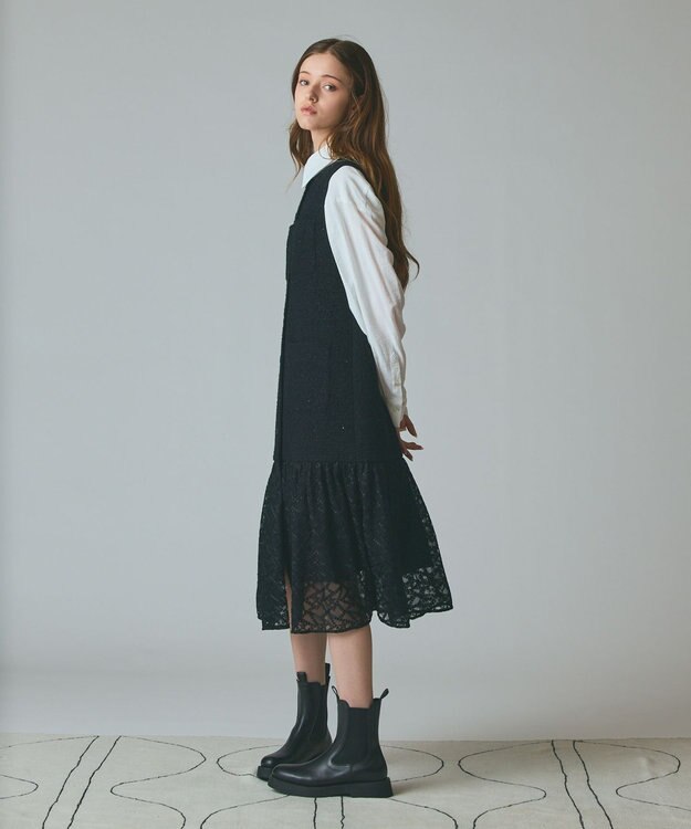 GRACE CONTINENTAL チュールコンビツイードワンピース ブラック