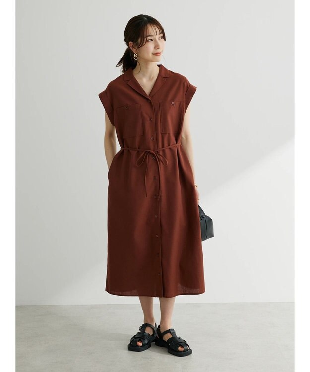 Green Parks 綿麻混開襟ワンピース Terracotta